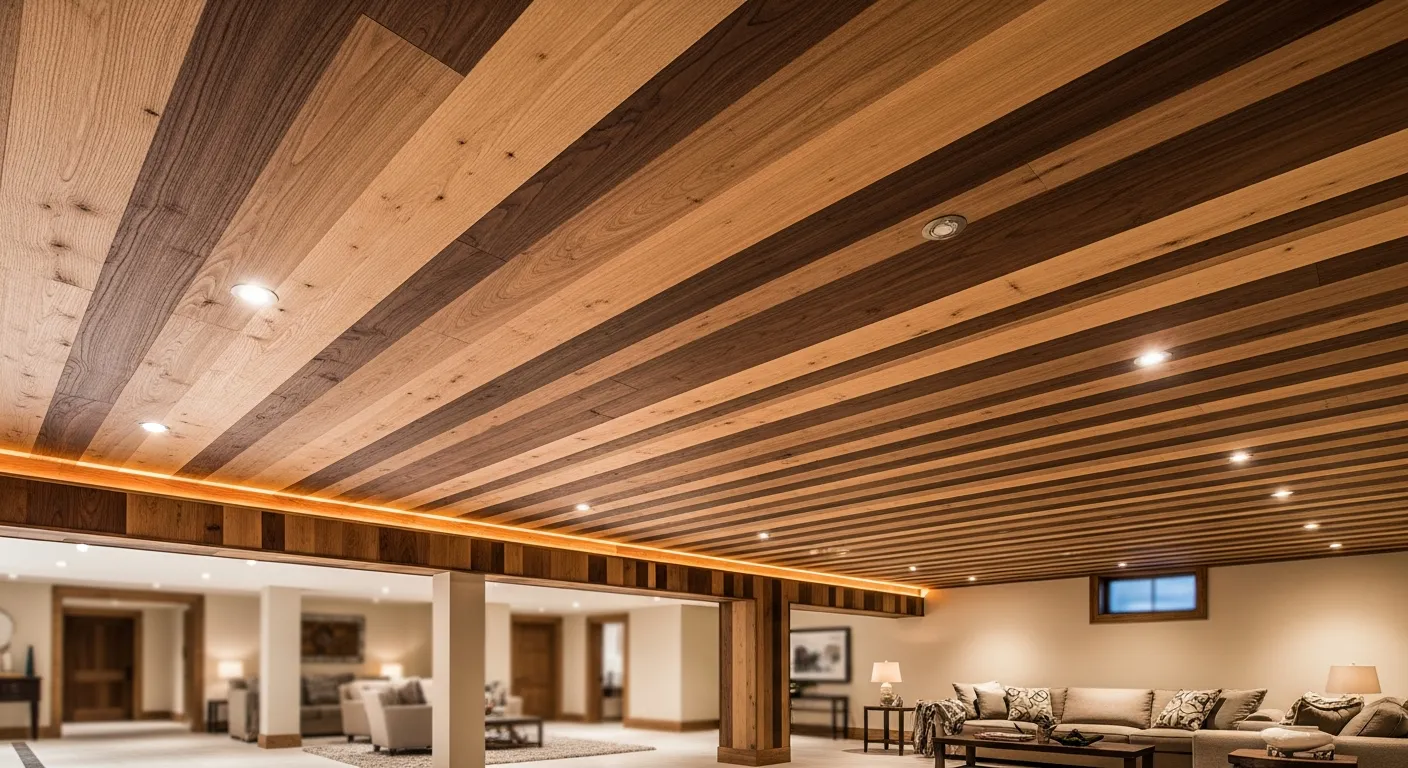 An Inviting Basement Living Space With Ceiling Masterfully Crafted From Rich, Natural Wood Planks, Featuring a Blend of Various Natural Wood Tones