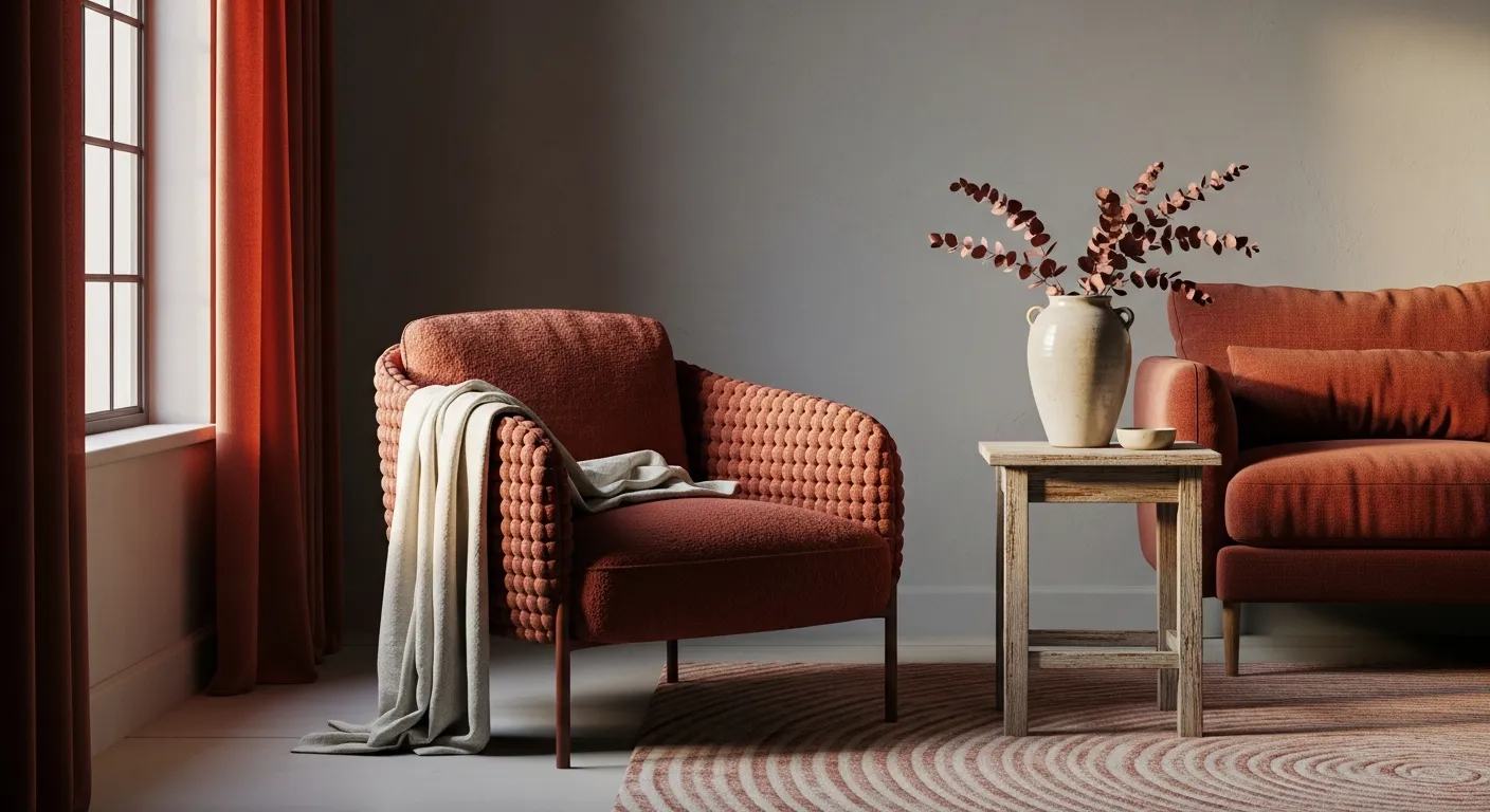 An Inviting, Cozy Living Room Interior With Primary Color Palette Features Deep Terracotta Red and Natural Stone Gray, Creating a Warm, Earthy Tone
