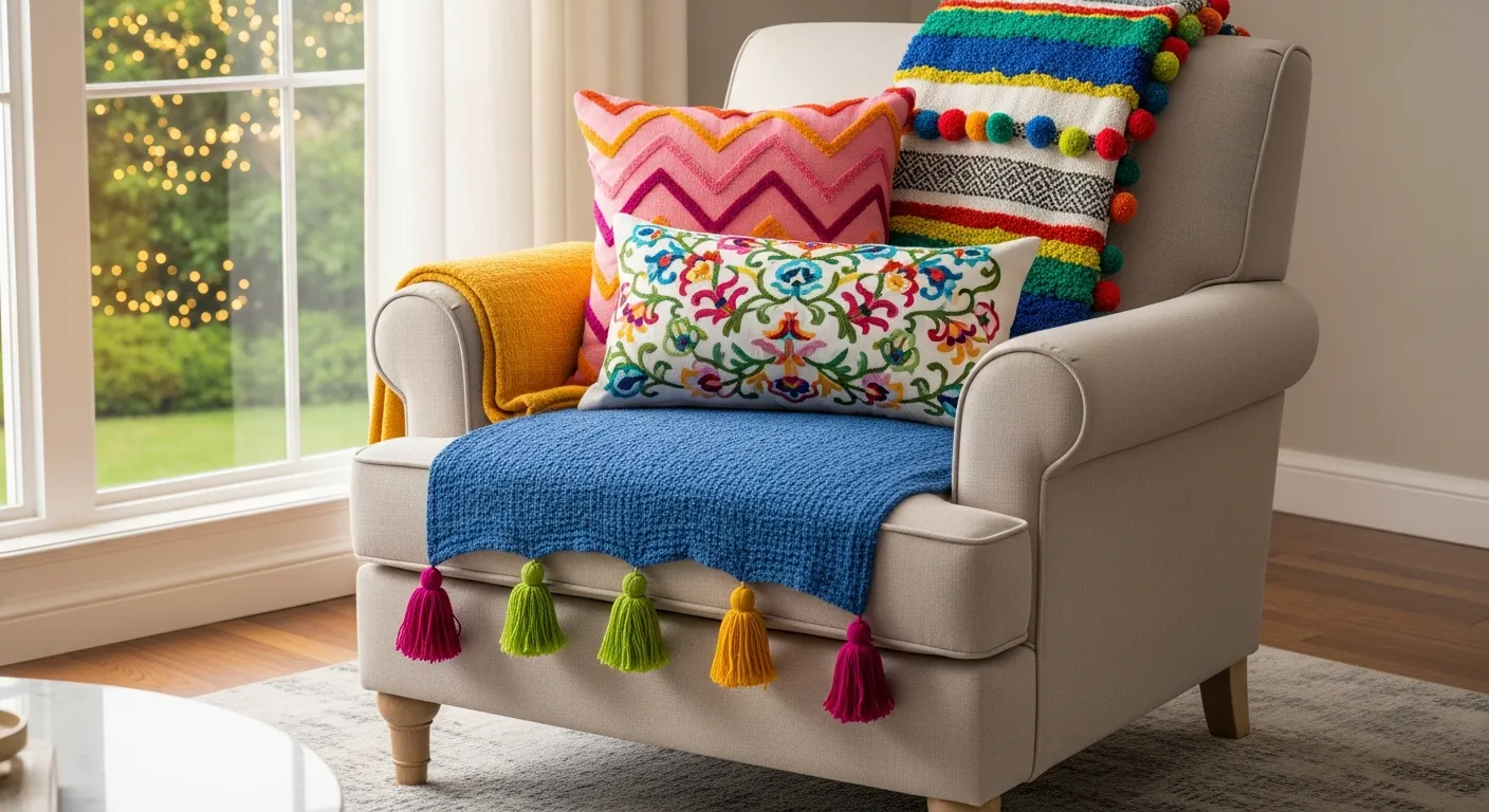 An Inviting, Elegantly Upholstered Light Beige Armchair With a Vibrant Throw Blanket Throw Pillows