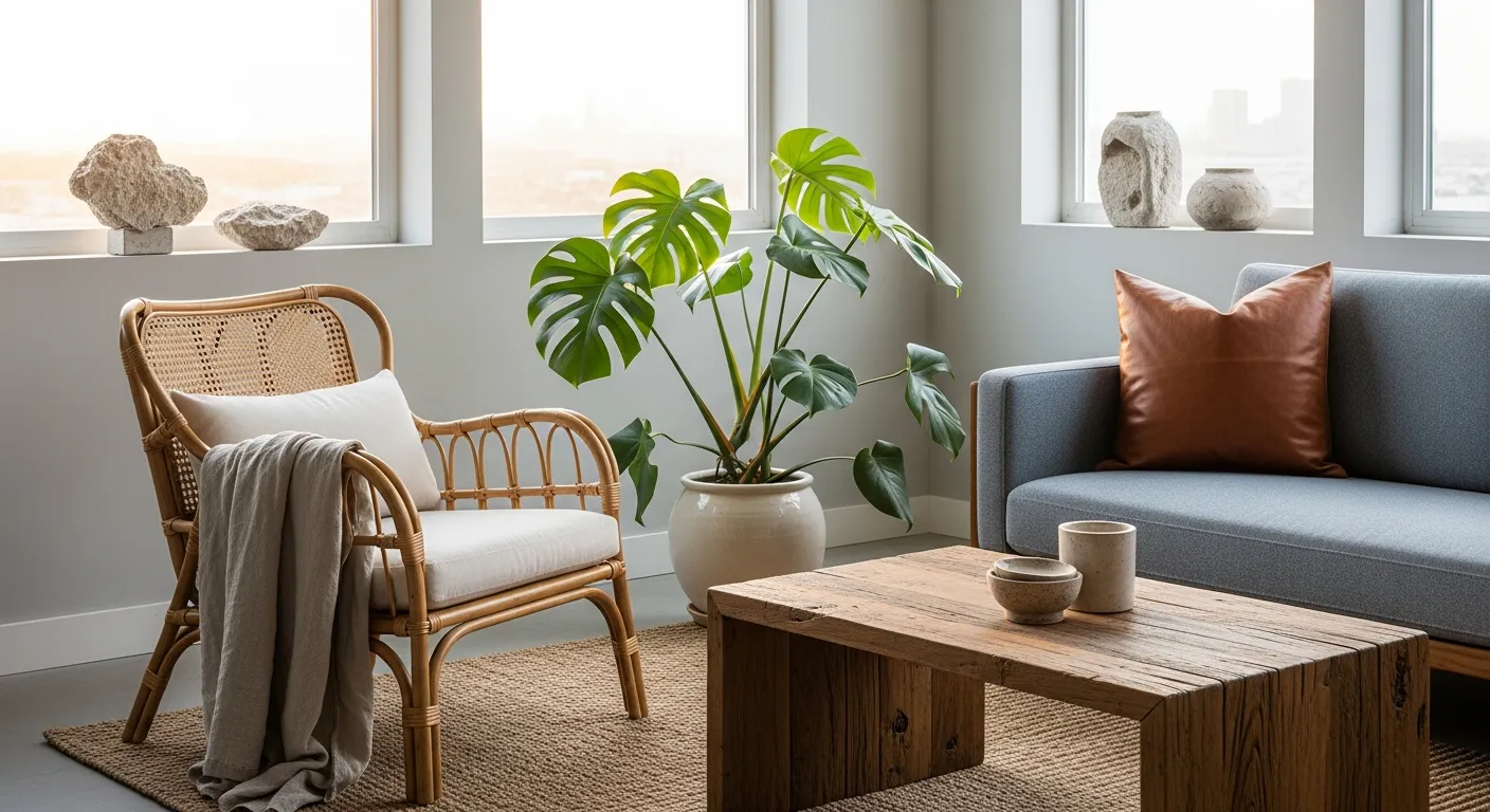 An Inviting Interior Living Space Where Modern Design Harmoniously Contrasts With Natural Elements