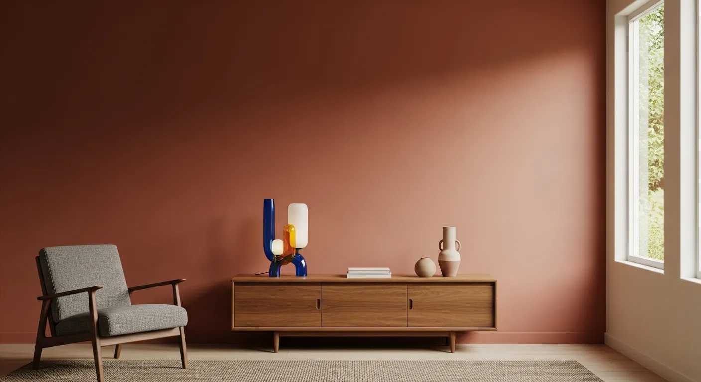 An Inviting Mid-century Modern Living Room With Prominent Wall Painted in a Rich, Muted Terracotta, Providing a Warm Backdrop