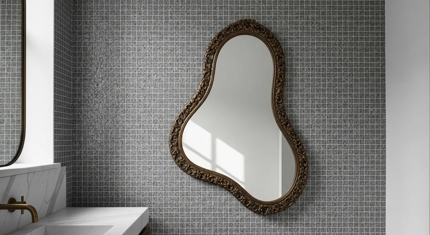An Irregularly Shaped, Organic Free-form Mirror With an Ornate, Intricately Detailed Aged Brass Frame, Centered on a Sophisticated Bathroom Wall