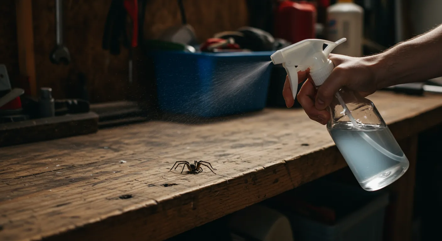 An Isopropyl Alcohol Spraying onto a Spider on a Wooden Surface An Isopropyl Alcohol Spraying onto a Spider on a Wooden Surface