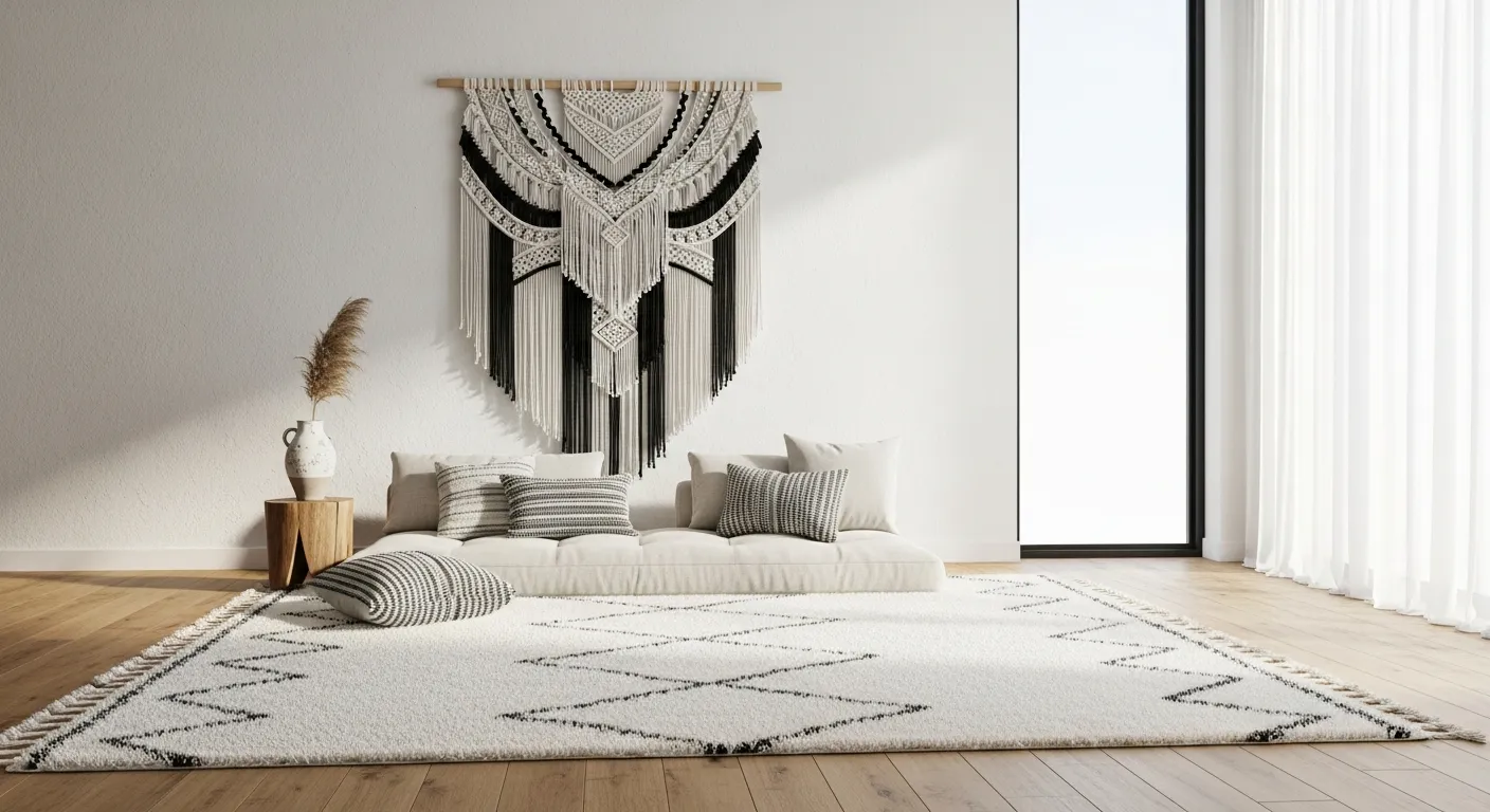 An Off-white Shag Rug With Subtle Geometric Patterns, Laid Out on a Light Oak Hardwood Floor in a Minimalist Bohemian Living Room