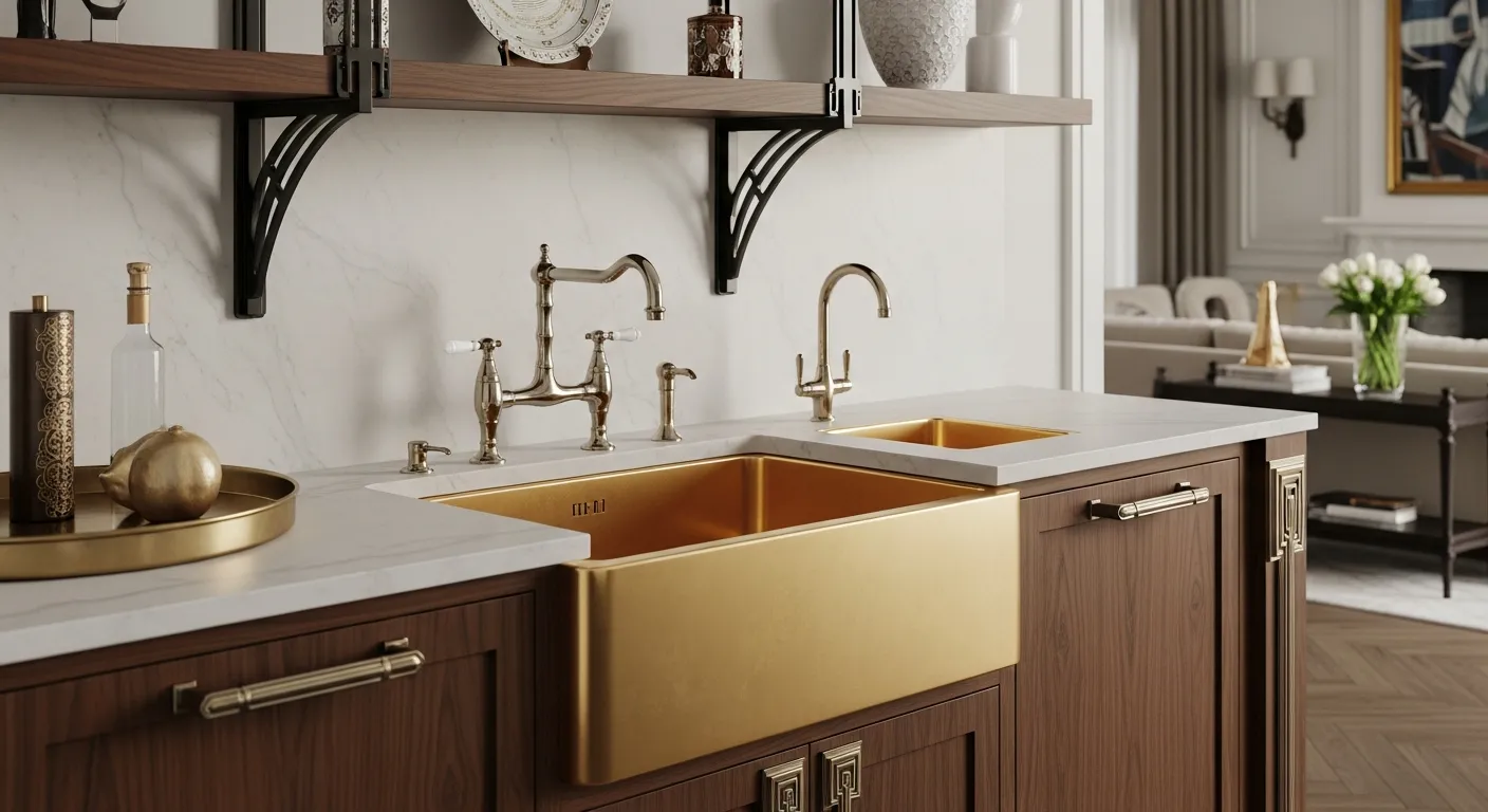 An Open-plan Kitchen With a Striking, Sculptural Statement Sink Flanked by an Elegantly Styled, Smaller Prep Sink With a Sleek, Chrome Bar Faucet
