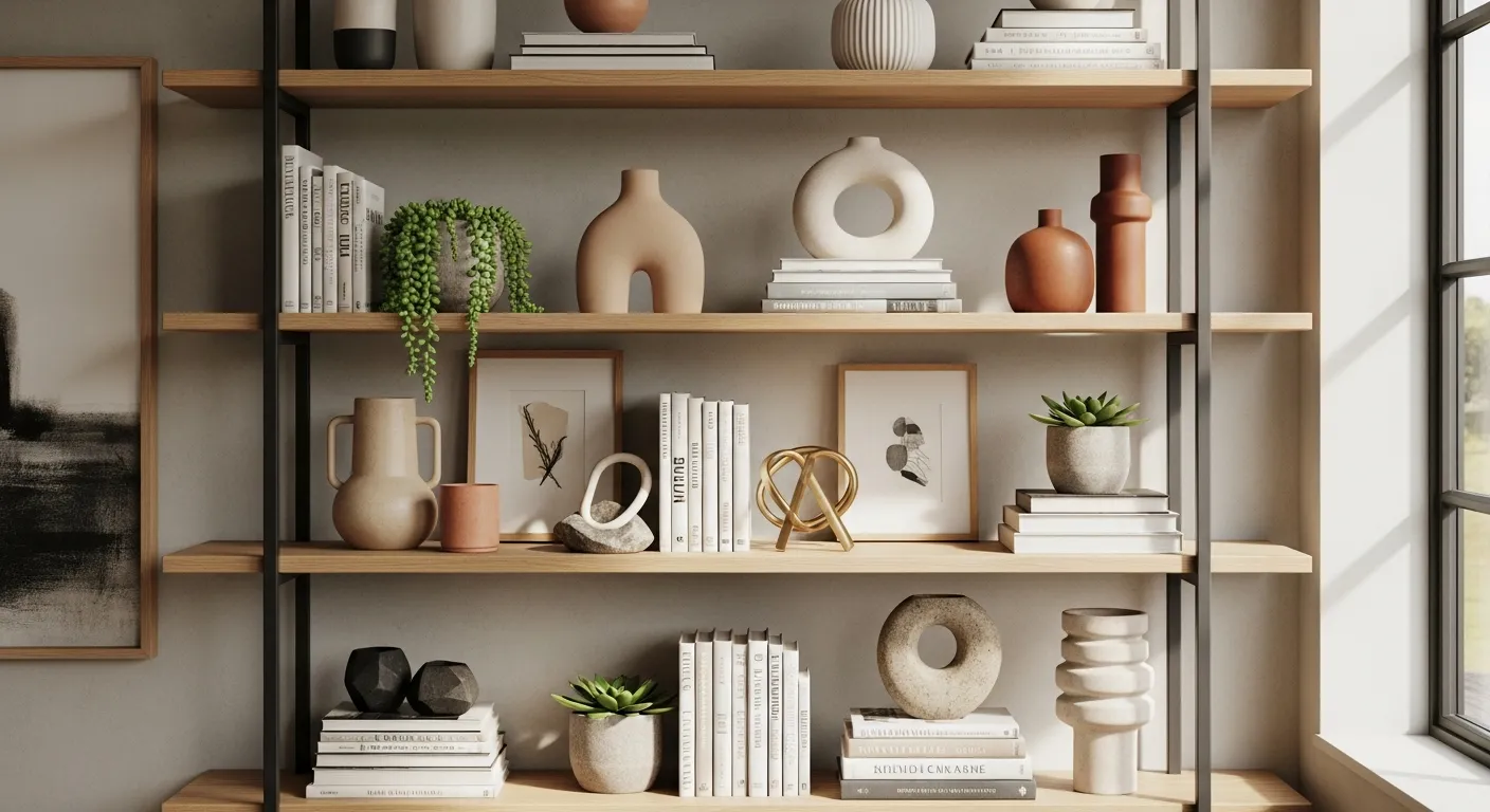 An Open Shelving Unit in a Modern, Sunlit Interior Crafted From Warm Natural Oak and Sleek Dark Metal, Display a Masterfully Balanced Arrangement