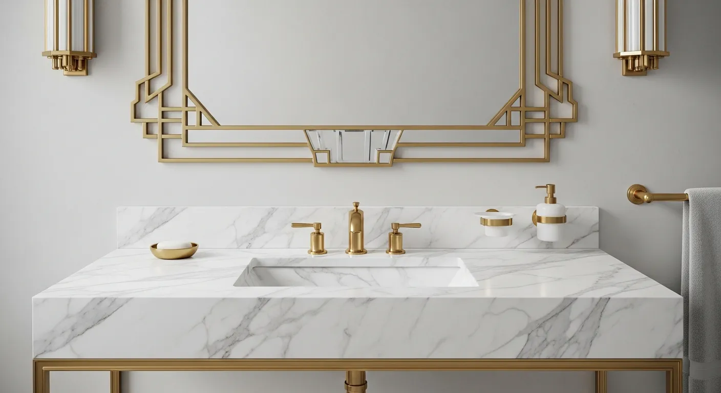 An Opulent Art Deco Bathroom Vanity Setup a Striking, Highly Polished White Marble Countertop With an Integrated Rectangular Basin