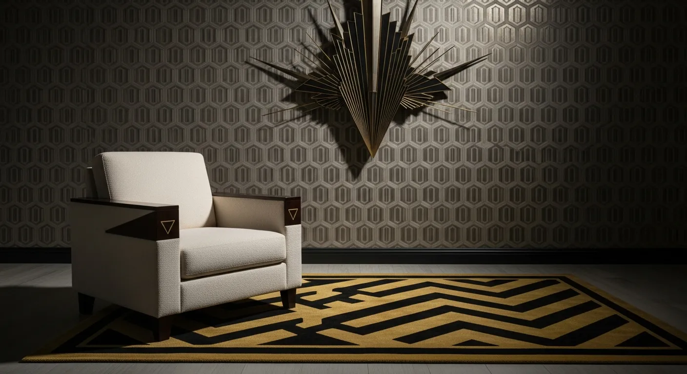 An Opulent Art Deco Living Room Interior With a Plush, Cream-colored Armchair Featuring Subtle Triangular Inlays is Positioned in the Foreground