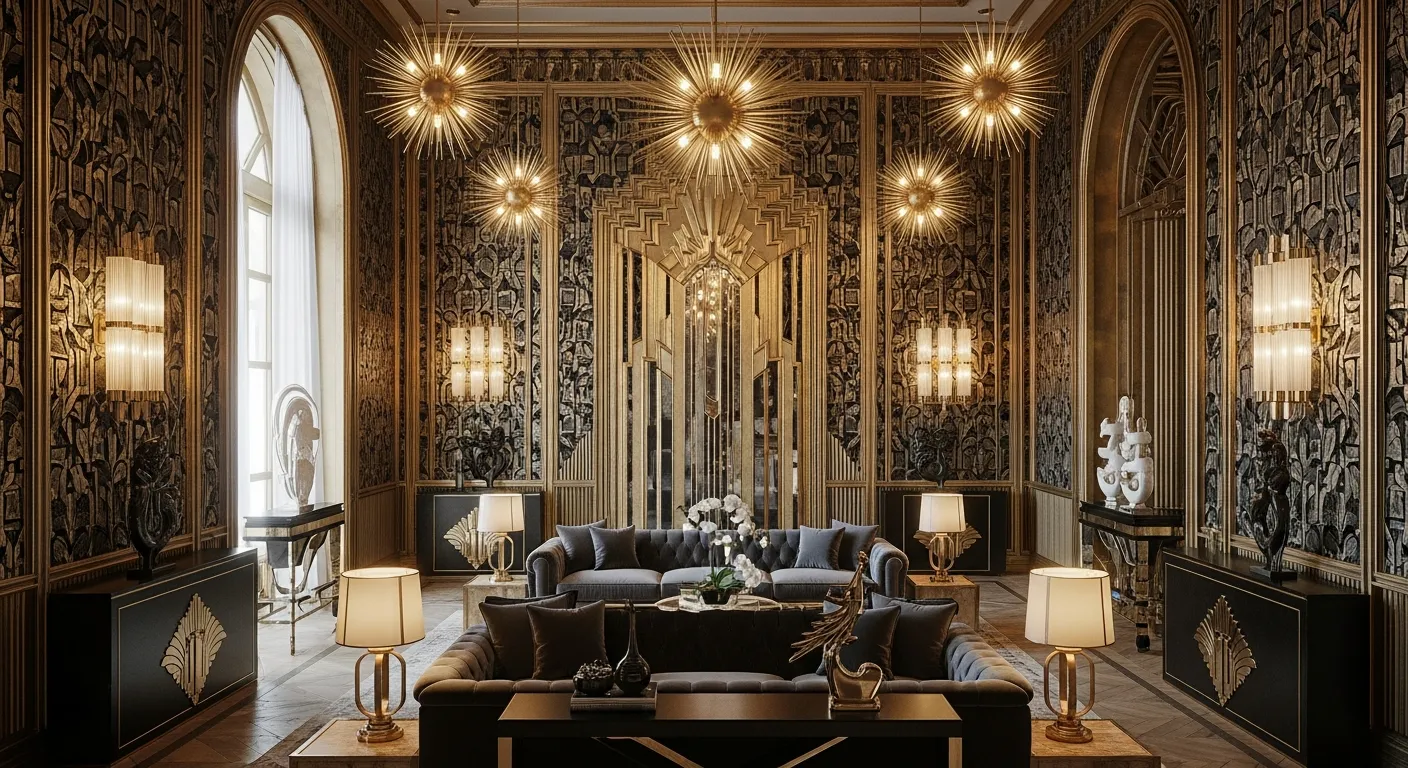 An Opulent Art Deco Luxury Interior Entire Wall is Lavishly Adorned With Intricate, Shimmering Gold and Deep Emerald Geometric Patterned Wallpaper