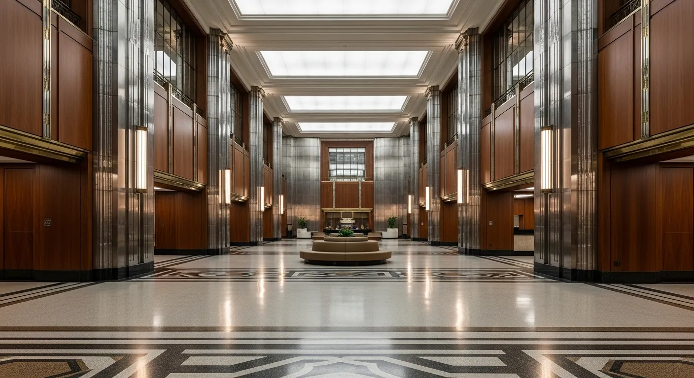 An Opulent, Grand Art Deco Public Library Lobby With Polished Terrazzo Floor Displays Intricate, Reflective Geometric Patterns in the Foreground