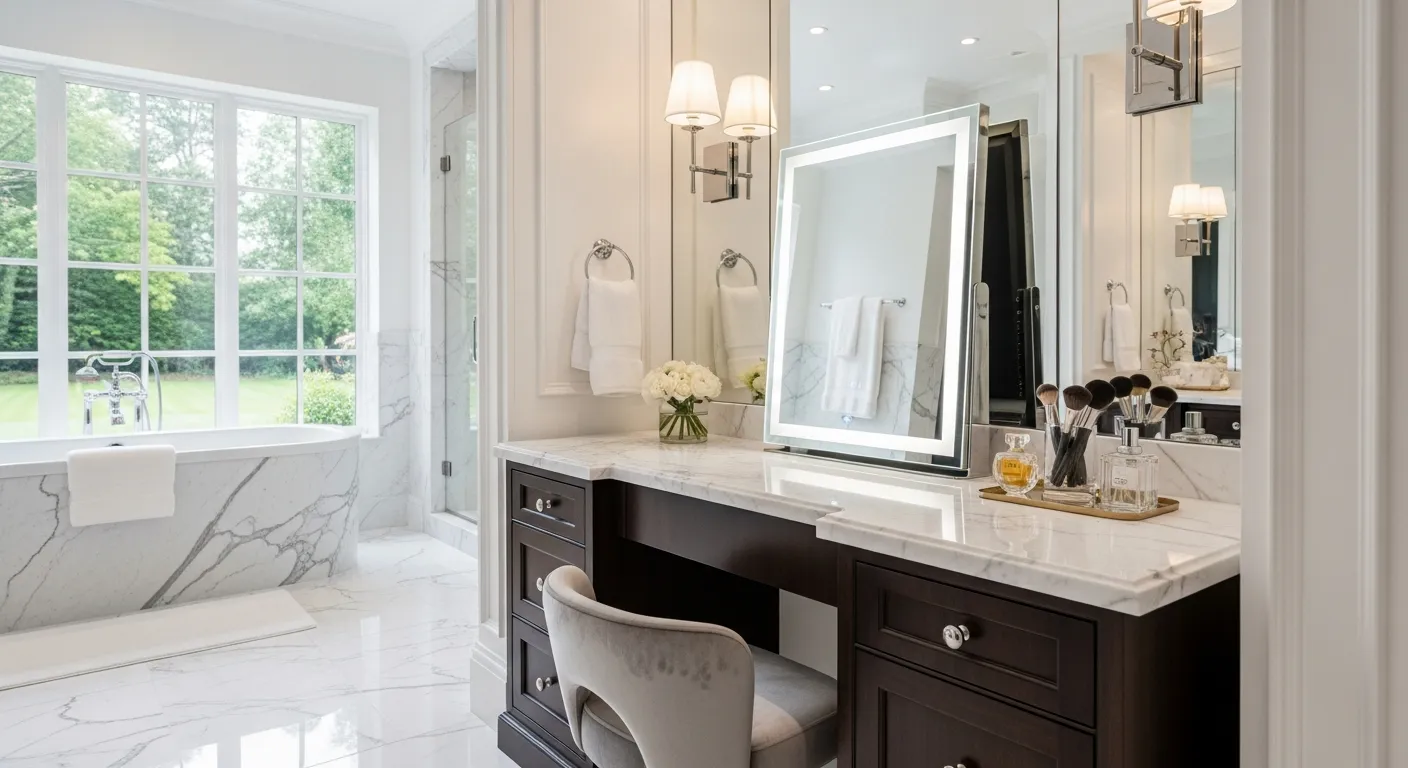 An Opulent, Spacious Bathroom Interior With a Sophisticated, Custom-built Makeup Vanity Crafted From Dark Polished Wood and White Marble