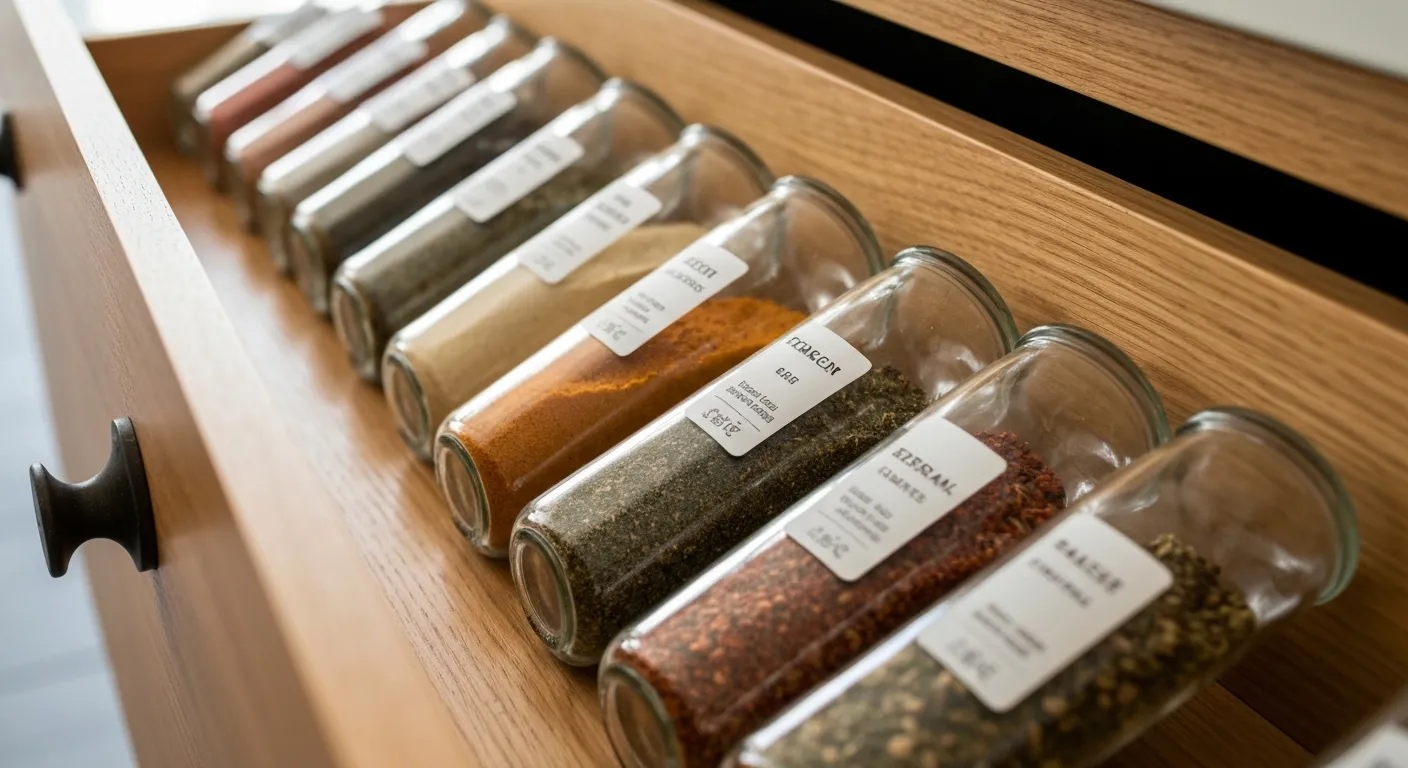 An Organized Arrangement of Clear Glass Spice Jars, Each Precisely Tilted, Nestled Within a Custom-fitted, Light Oak Kitchen Drawer