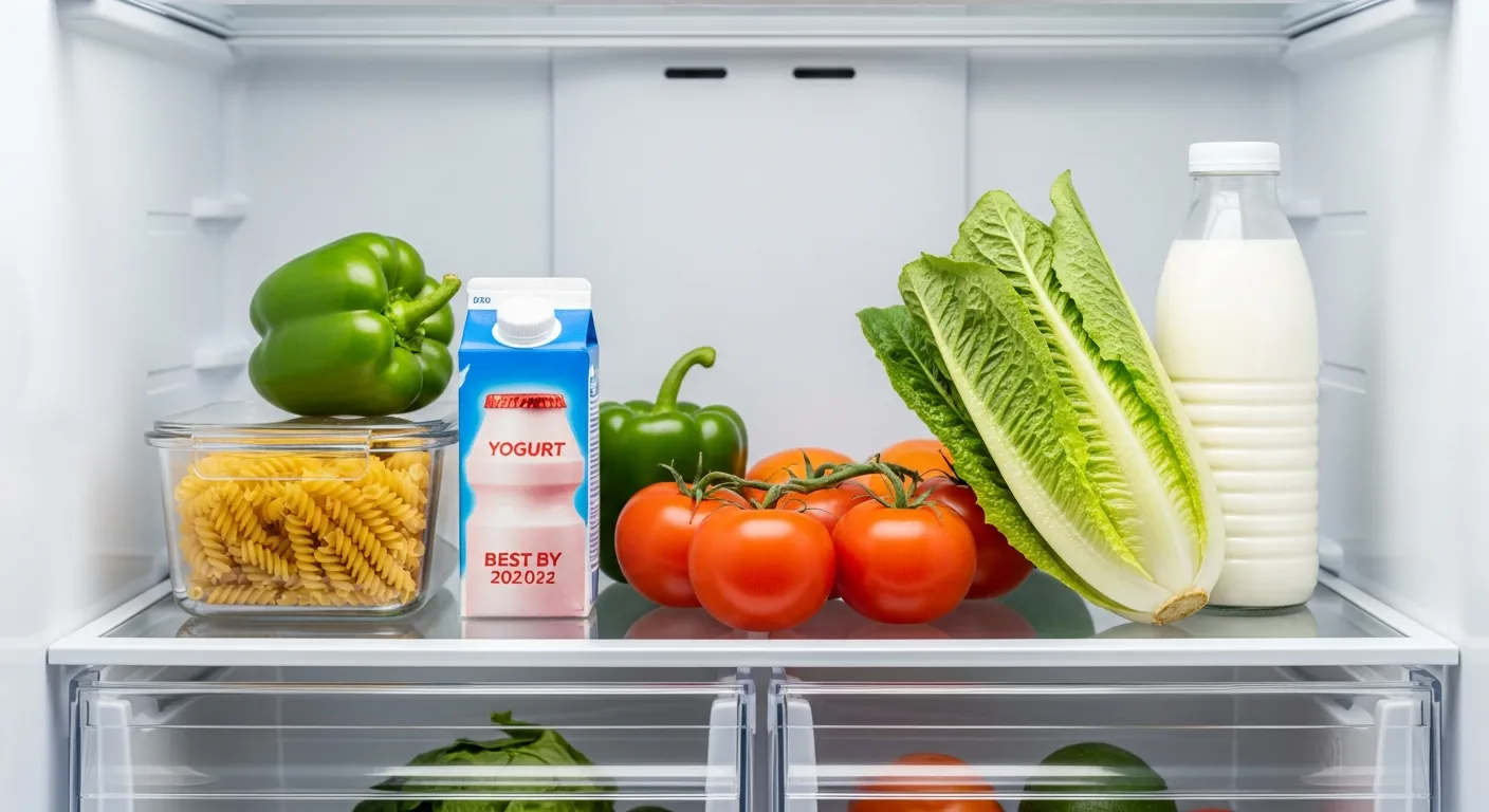 An Organized, Brightly Lit Refrigerator Interior Showing a Cluster of Food Items Nearing Expiration