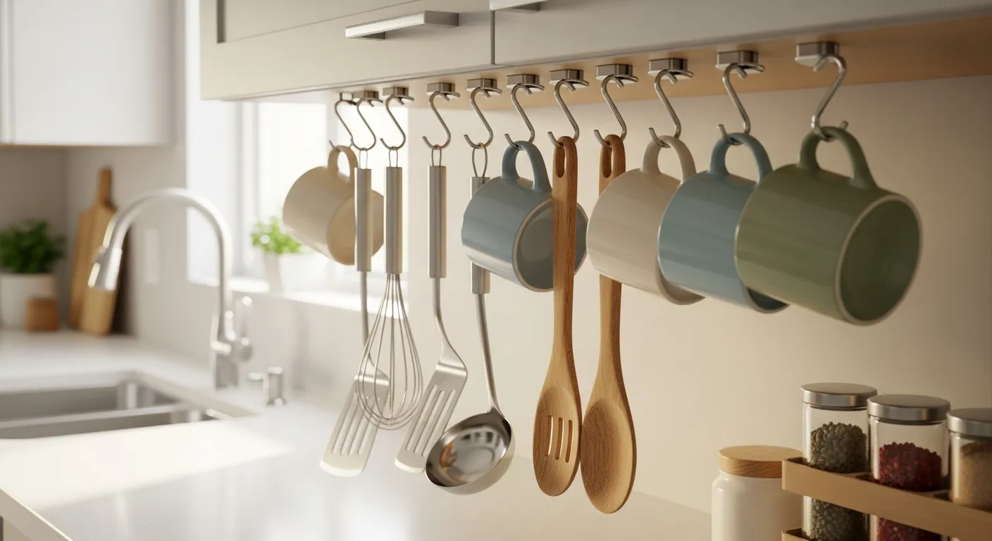 An Organized Collection of Kitchen Utensils and Ceramic Mugs Meticulously Hanging From Polished Chrome S-hooks