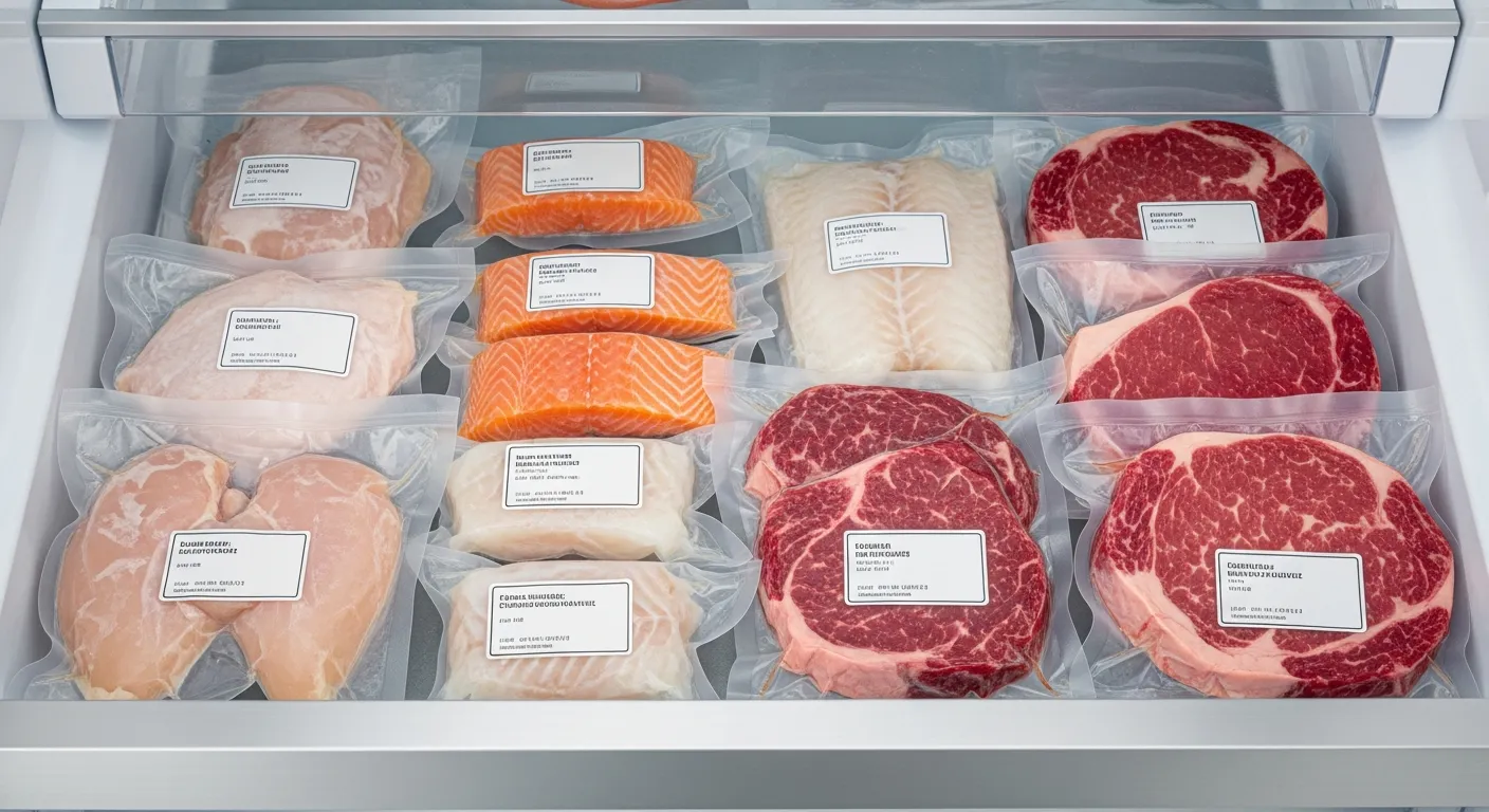 An Organized Freezer Bottom Drawer Neatly Arranged Are Vacuum-sealed Packages of Fresh, Chicken Breasts, Salmon and Cod, and Steaks
