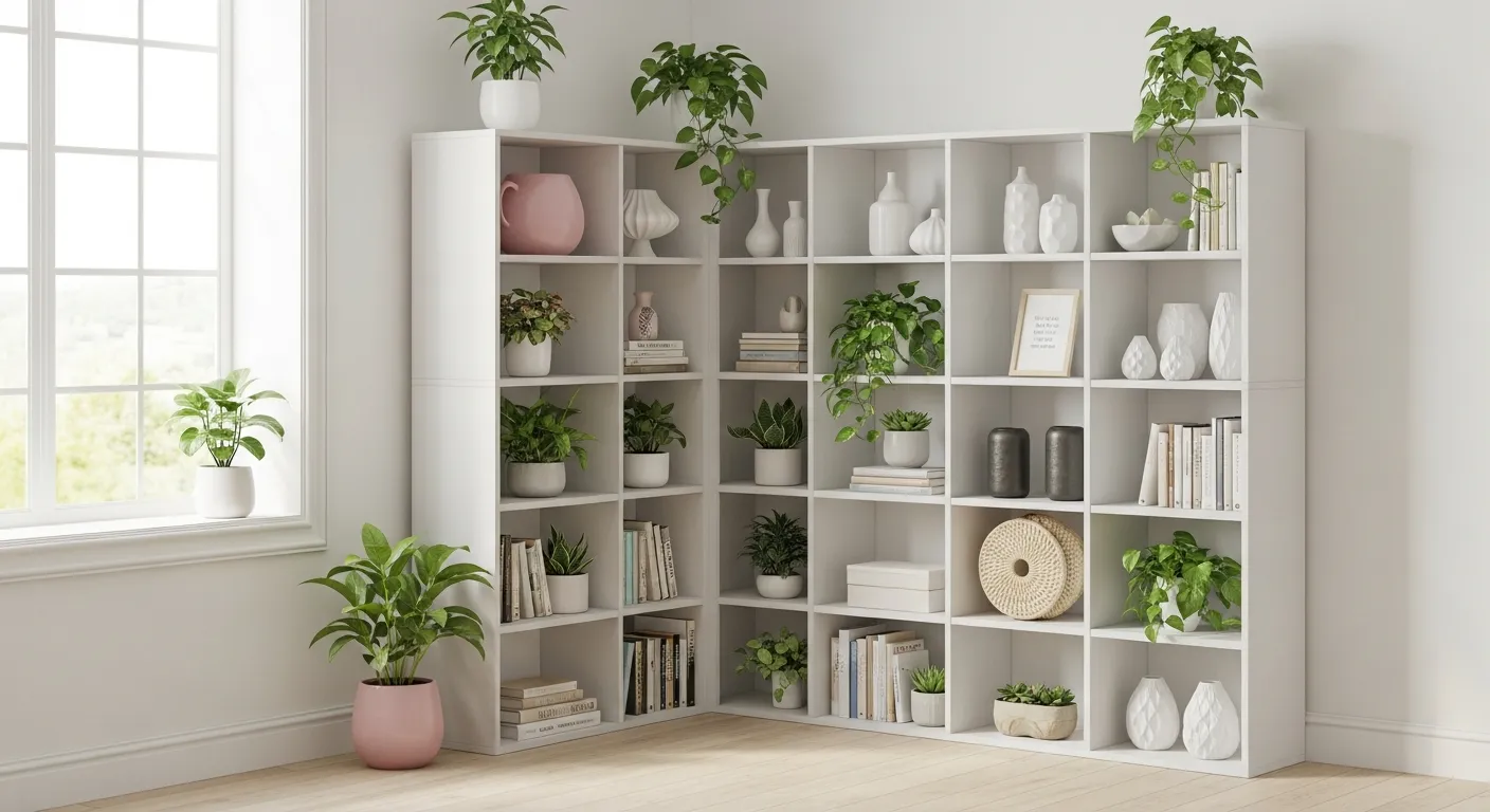 An Organized L-shaped Corner Shelving Unit, Decorated With a Diverse Collection of Healthy, Vibrant Green Potted Plants