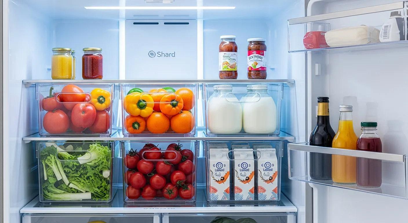 An Organized Modern Refrigerator Interior, Showcasing Several Crystal-clear, Stackable Plastic Storage Bins