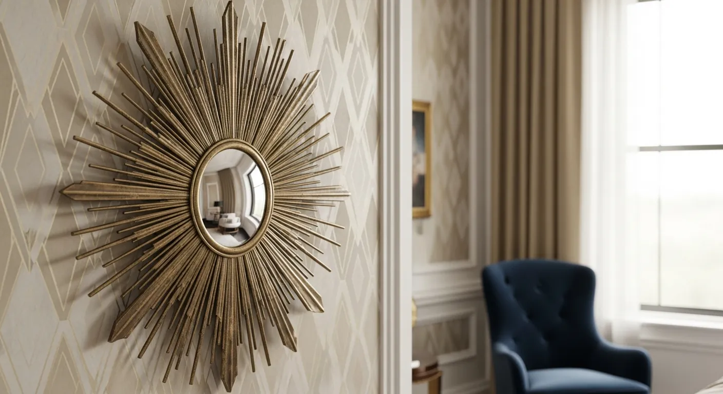 An Ornate Art Deco Sunburst Mirror, Crafted From Antiqued Brass and Warm-toned Metal, Precisely Centered on a Luxurious Wall