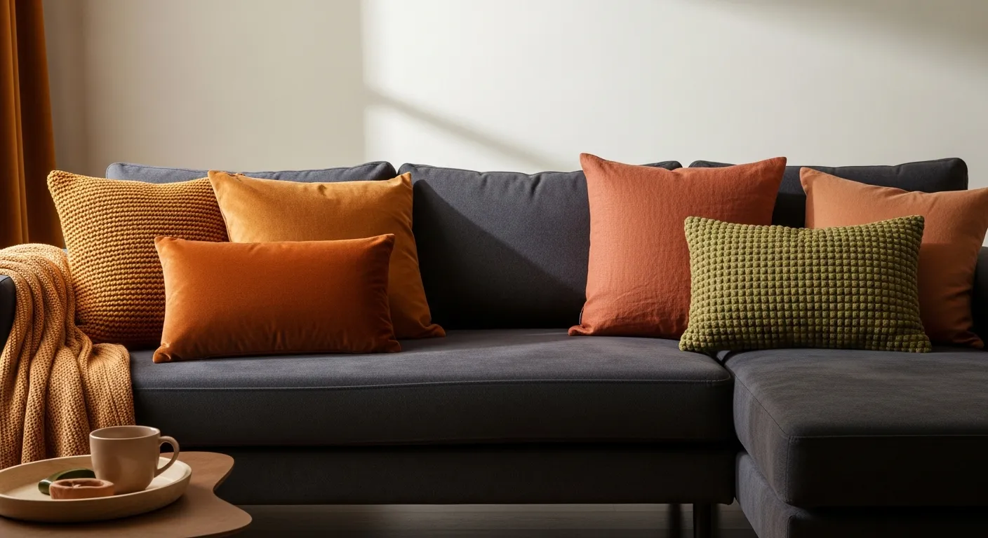 An Oversized Dark Gray Sectional Sofa is Artfully Adorned With a Caramel, a Sienna, a Rustic Terracotta, and a Vibrant Earthy Olive Green Throw Pillow