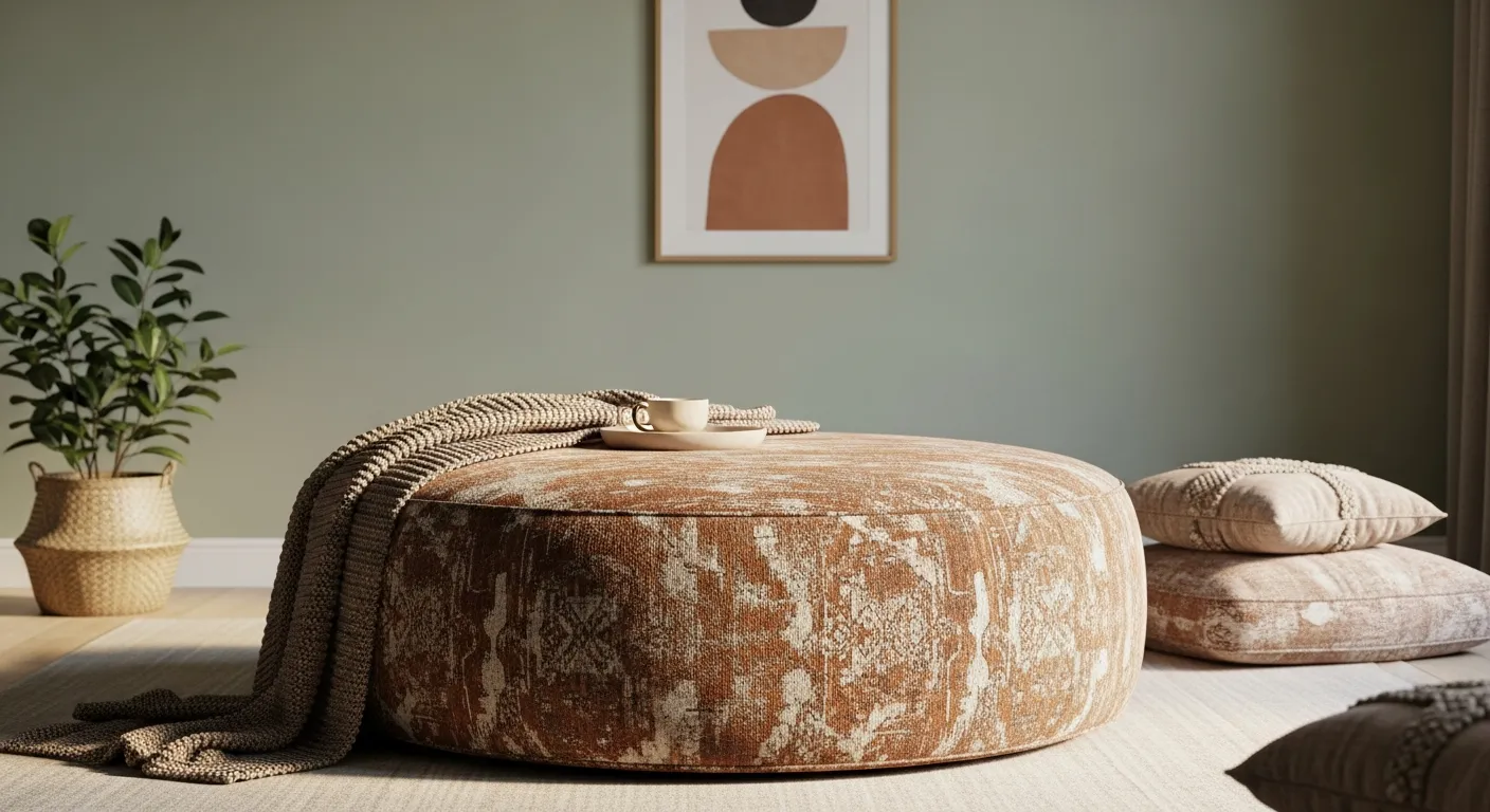 An Oversized Round Ottoman, Featuring a Soft, Inviting Silhouette and Upholstered in a Modern, Comfortable Living Room
