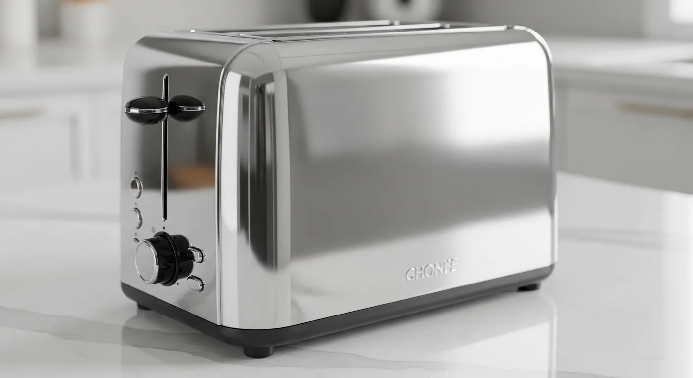 An Ultra-modern Stainless Steel Toaster, Meticulously Clean and Absolutely Crumb-free, Resting Pristine on a Polished Kitchen Countertop