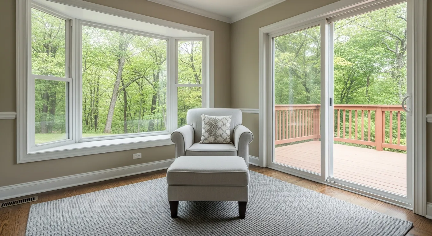 A Large Bay Window and a Sliding Glass Door Opening to a Wooden Deck Surrounded by Lush Green Trees