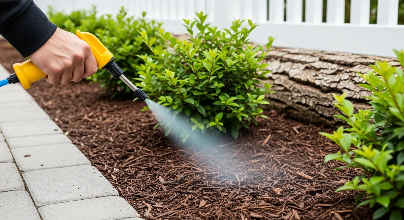 A Person Actively Spraying a Fine, Whiteish-blue Misty Liquid Glue Onto a Richly Mulched Dark Brown Garden Bed.