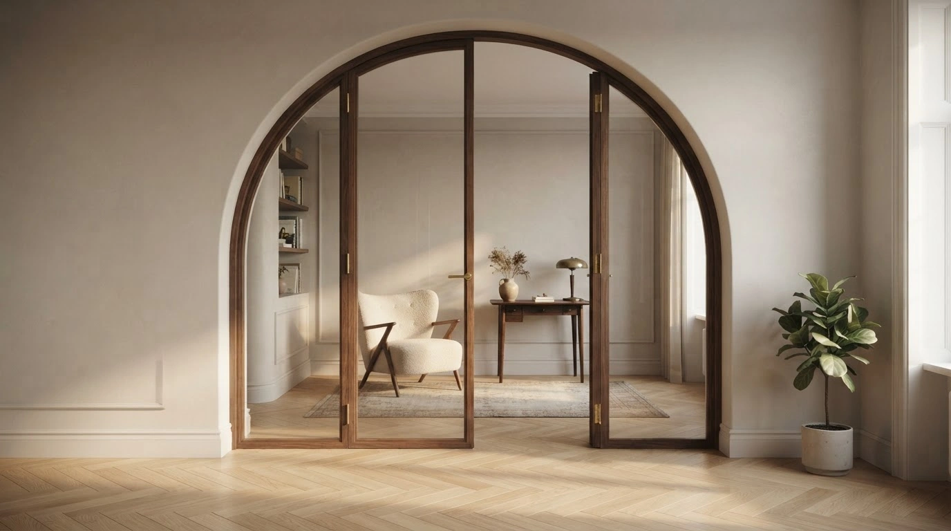 A Crafted Arched Glass Pocket Door, Comprising Multiple Large, Pristine Panes of Clear