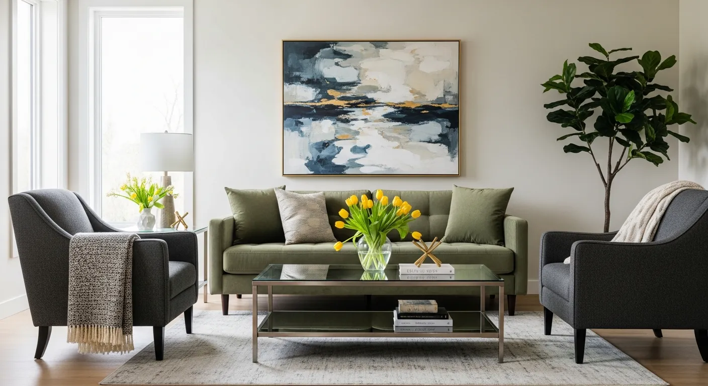 An Olive Green Sofa, Dark Grey Armchairs, and a Glass Coffee Table With Yellow Tulips