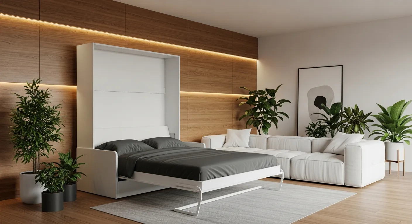 A Modern Minimalist Living Room With a Lowered White Murphy Bed and Dark Grey Bedding