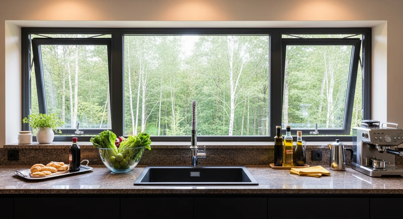 A Panoramic, Triple-pane Window With Dark, Dense, Lush Green Forest With Tall Trees