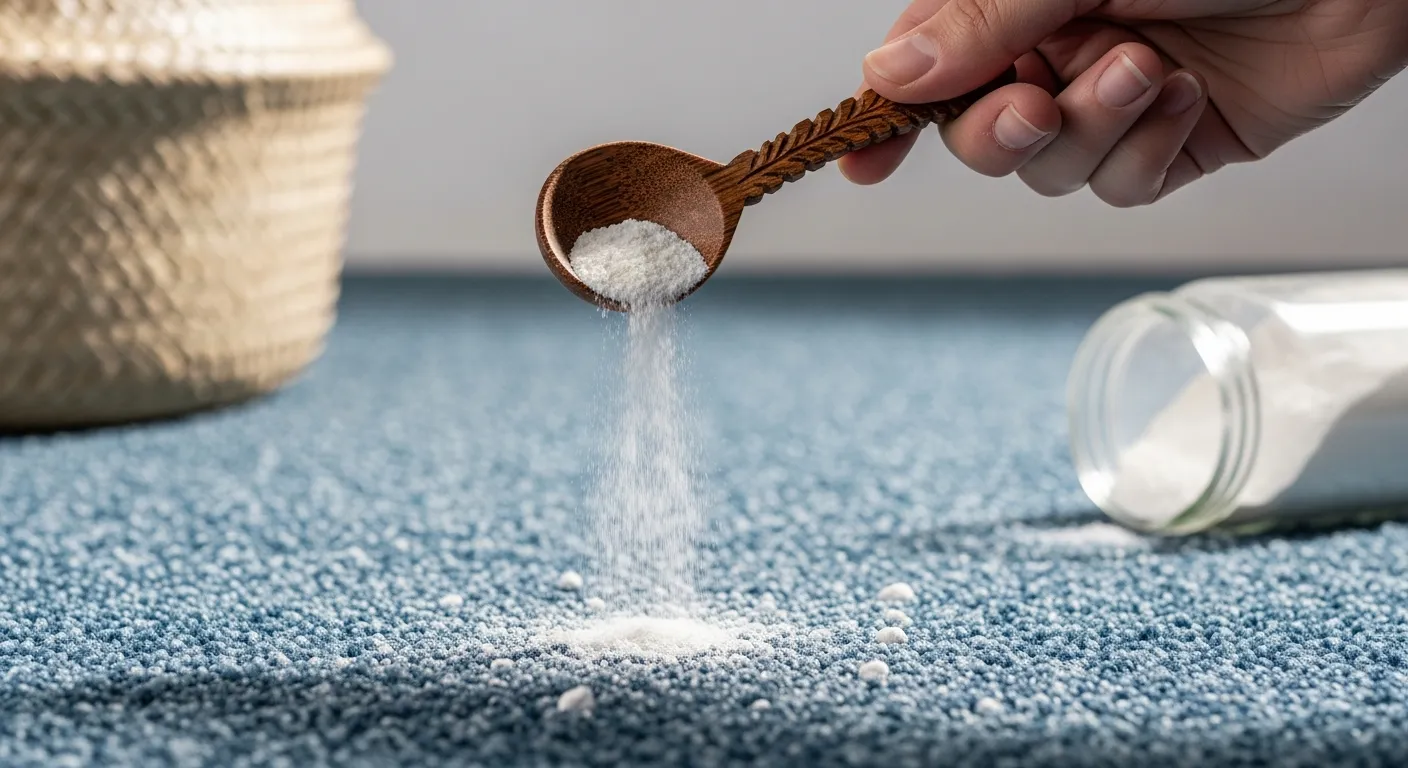A Person Holding a Small Wooden Spoon, Pouring Fine Baking Soda Onto a Textured Blue Carpet