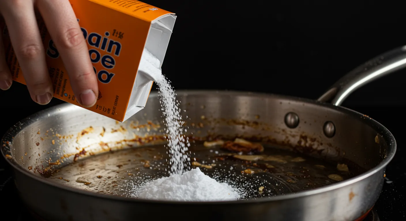 Baking Soda Being Poured From an Orange Box Into a Rustic Stainless Steel Pan Baking Soda Being Poured From an Orange Box Into a Rustic Stainless Steel Pan