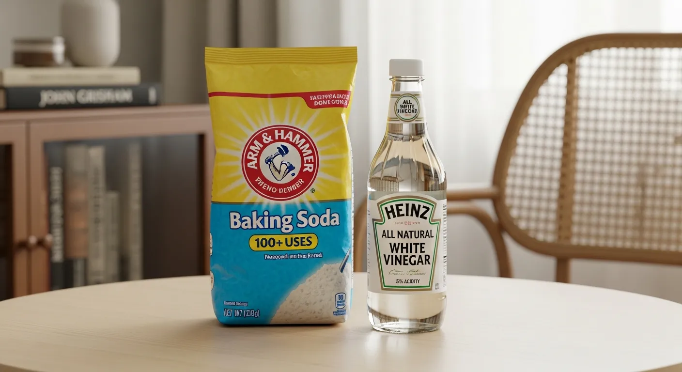 A Bag of Arm & Hammer Baking Soda and a Bottle of Heinz All Natural Distilled White Vinegar