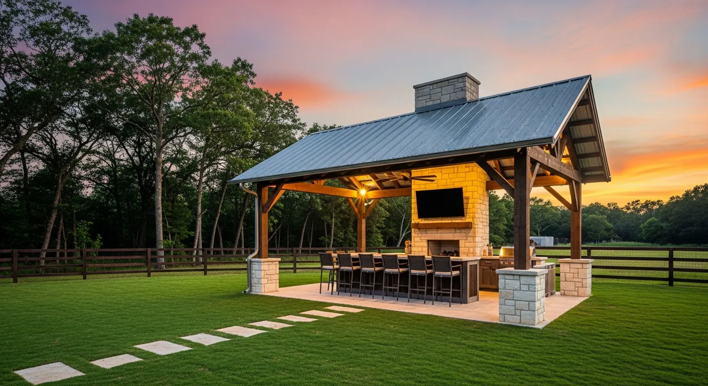 A Stone Fireplace With a Mounted Tv, a Built-in Bar With Barstools, All Under a Rustic, Galvanized Steel Roof