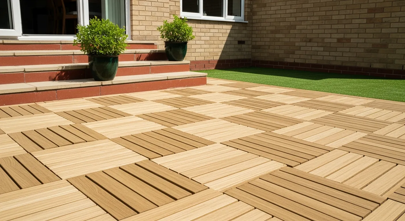 Interlocking Light Brown Bamboo Deck Tiles in a Diagonal Basket Weave Pattern