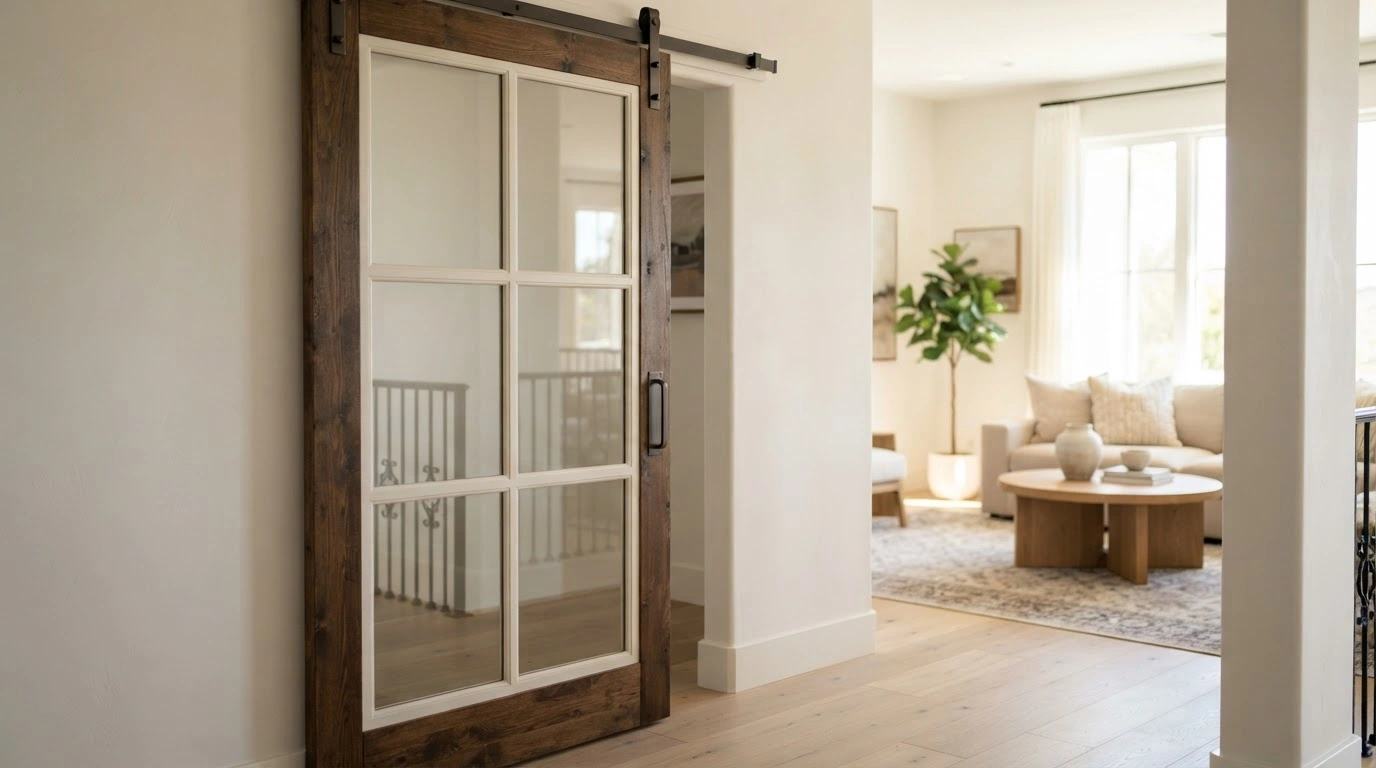 A Stunning, Photorealistic Barn-style Glass Pocket Door