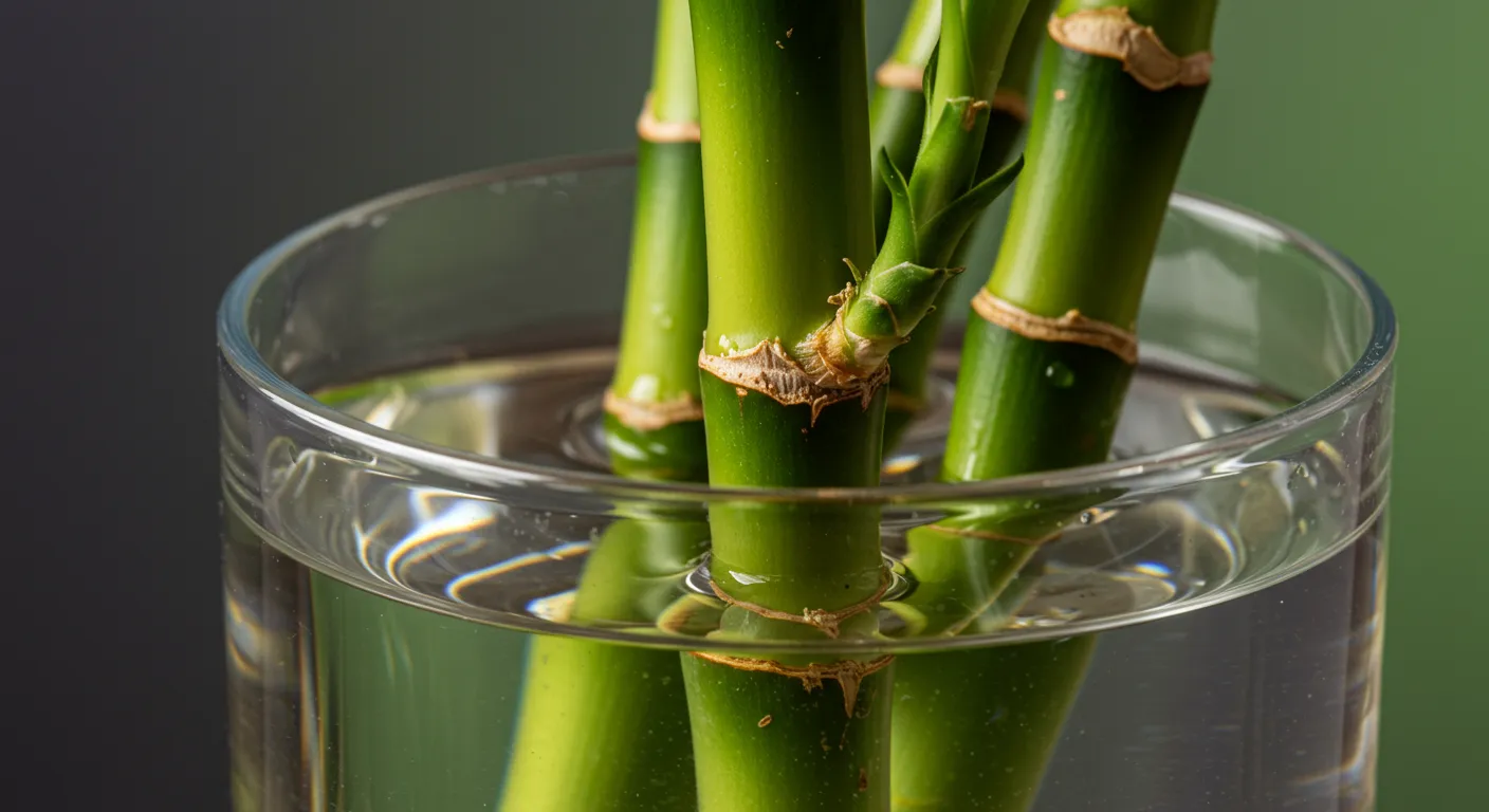 Base of Lucky Bamboo Stalk Submerged in Clear Water in a Transparent Glass Vase Base of Lucky Bamboo Stalk Submerged in Clear Water in a Transparent Glass Vase