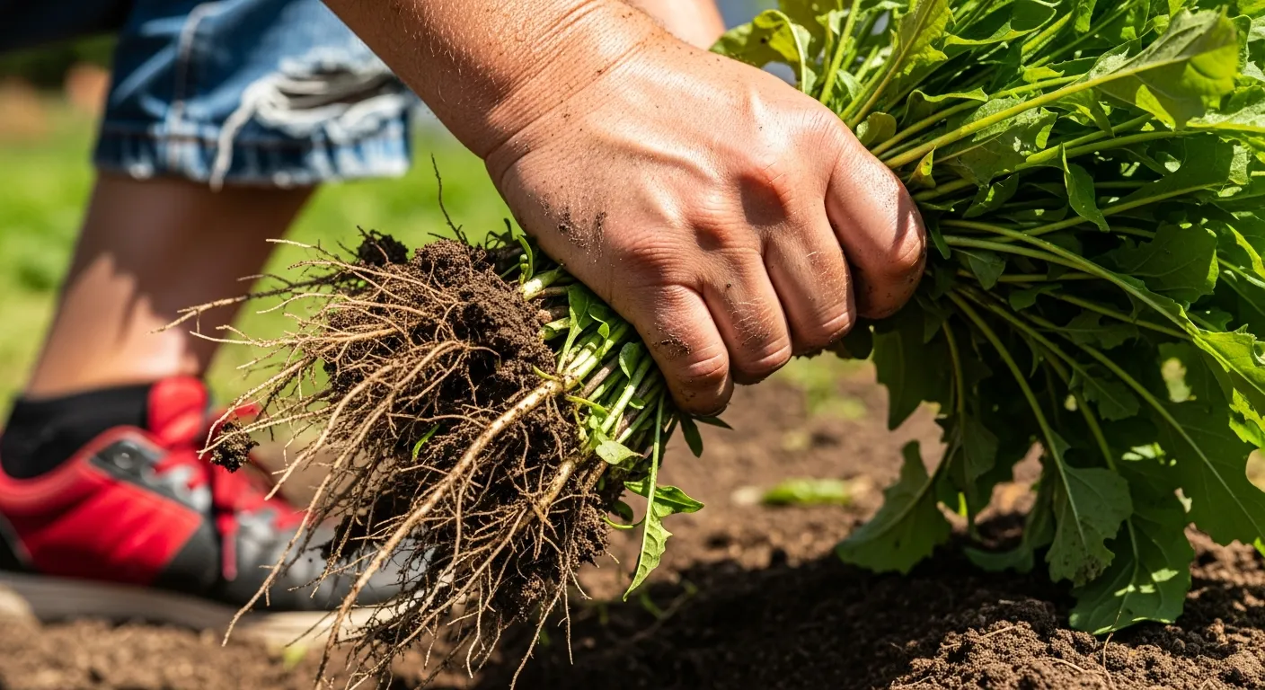 A Person's Hand Pulling a Large Bunch of Vibrant Green Weeds With Visible Roots From Rich, Dark Brown Garden Soil