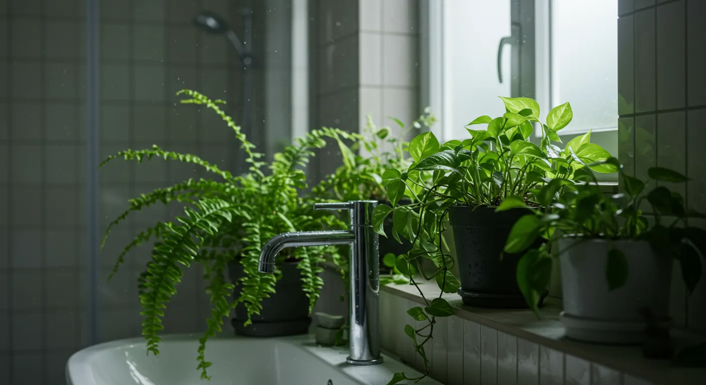 Bathroom With Lush Green Plants on Sink and Windowsill Bathroom With Lush Green Plants on Sink and Windowsill