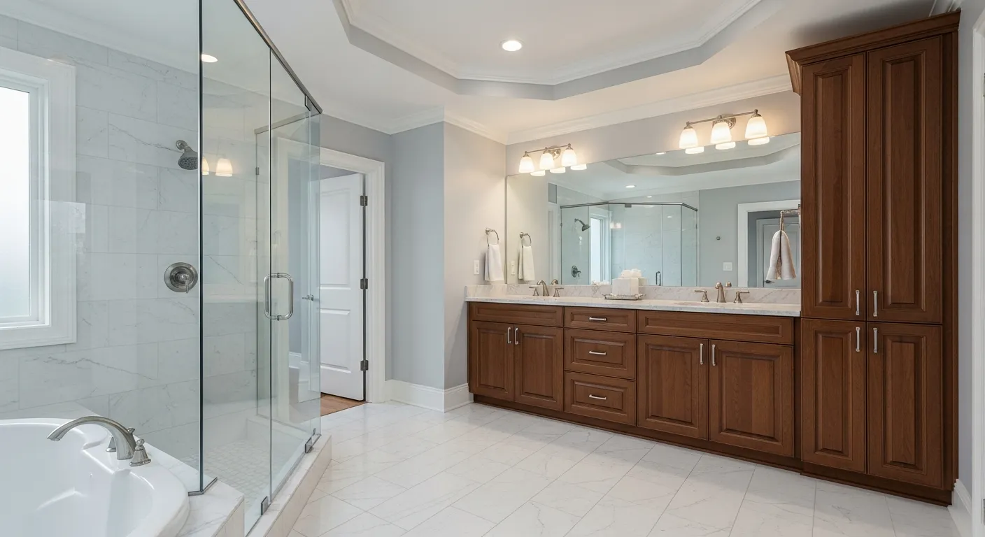 Dark Wood Double Vanities With Light Marble Countertops and Mirrors With a Tall Matching Storage Cabinet