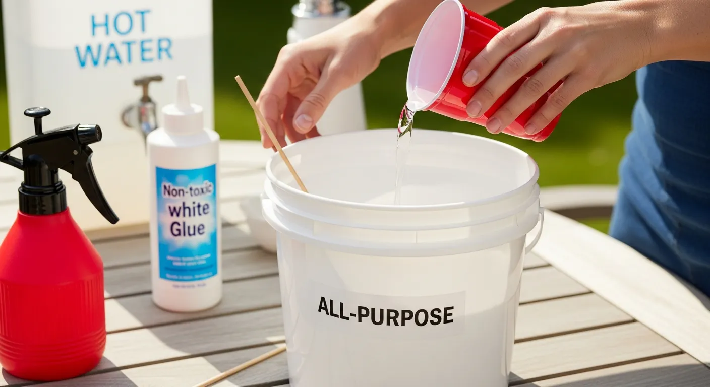 A Person's Hands Pouring Clear Liquid From a Vibrant Red Plastic Cup Into a Crisp White Plastic Bucket