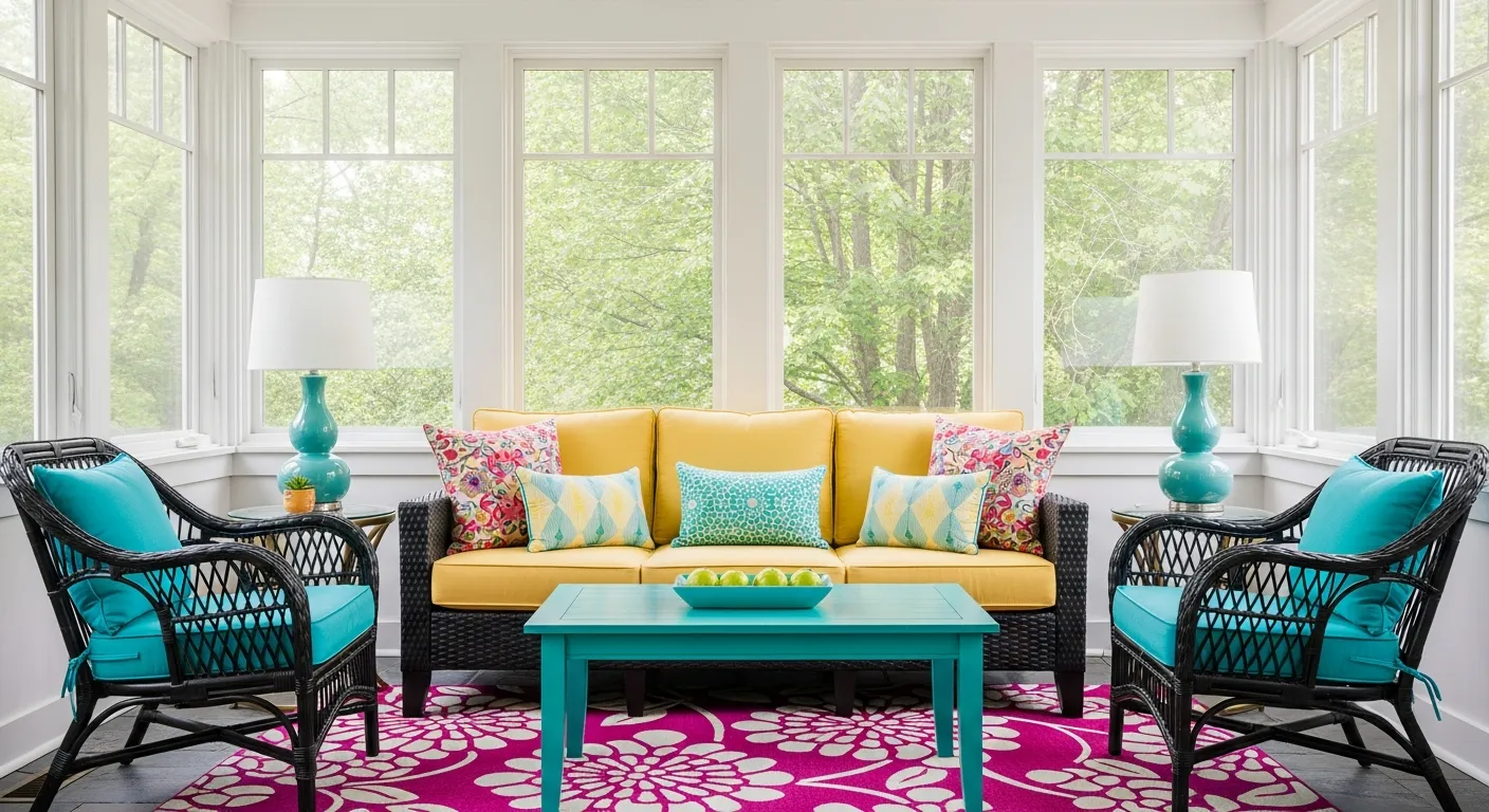 A Black Sofa With Yellow Cushions and Multi-colored Pillows is Centered on a Vibrant Fuchsia Floral Rug