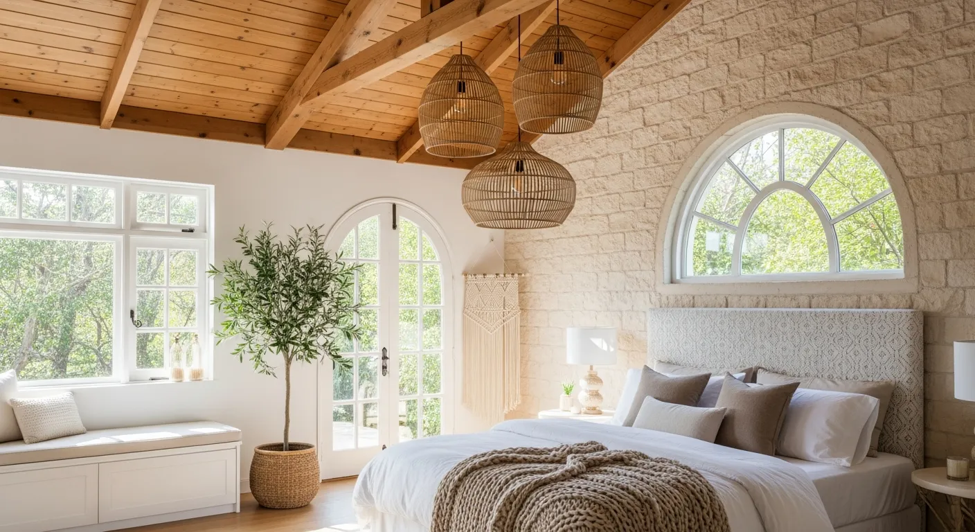 A Comfortable Bed With Crisp White Bedding, Neutral Pillows, and a Chunky Beige Knit Throw 