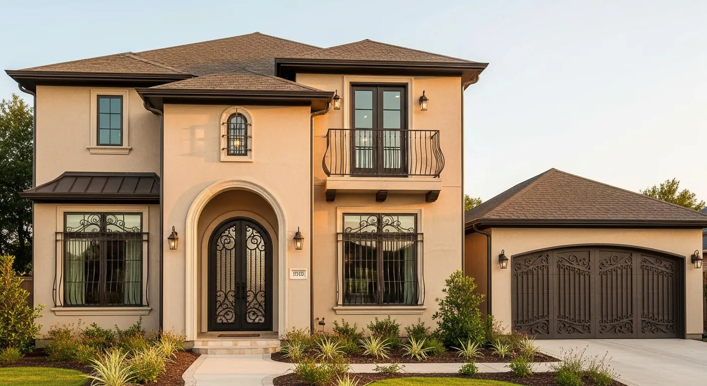 Beige With a Brown Roof on Stucco House