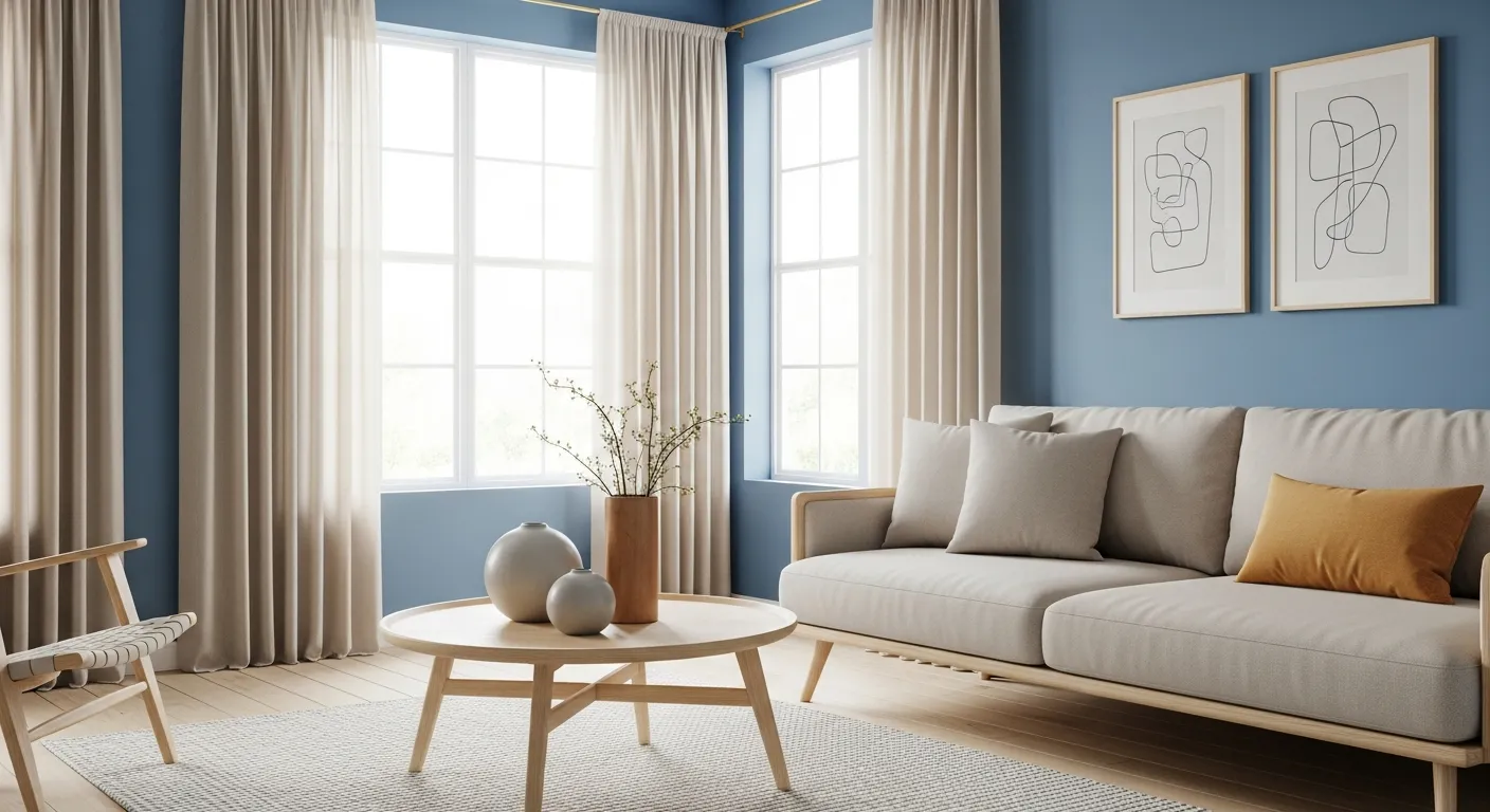 Two Large Windows Are Positioned at a Corner, Dressed With Floor-length, Sheer Beige-colored Curtains