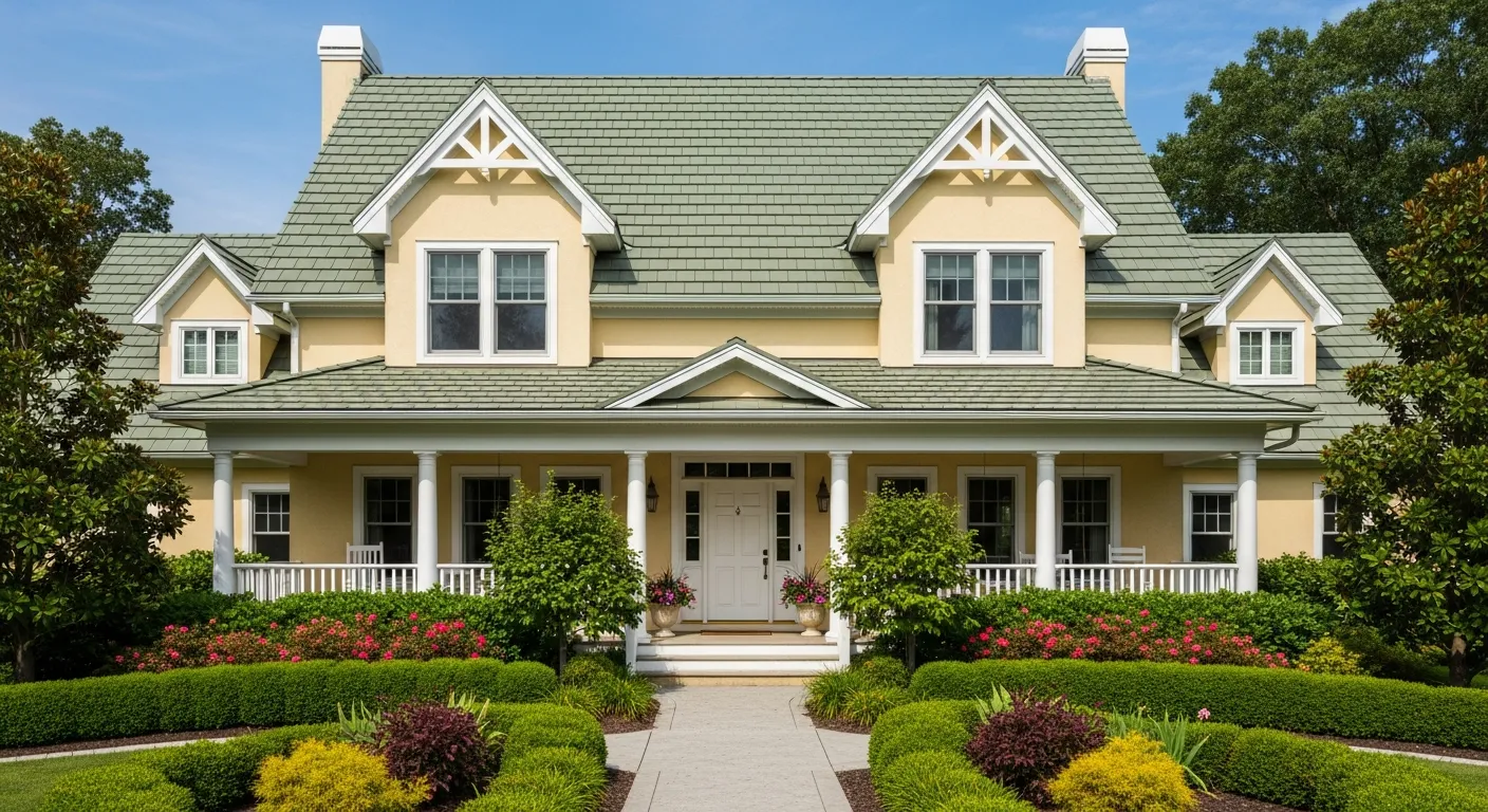 A House With Beige Stucco Walls and a Muted Sage Green Standing Seam Metal Roof
