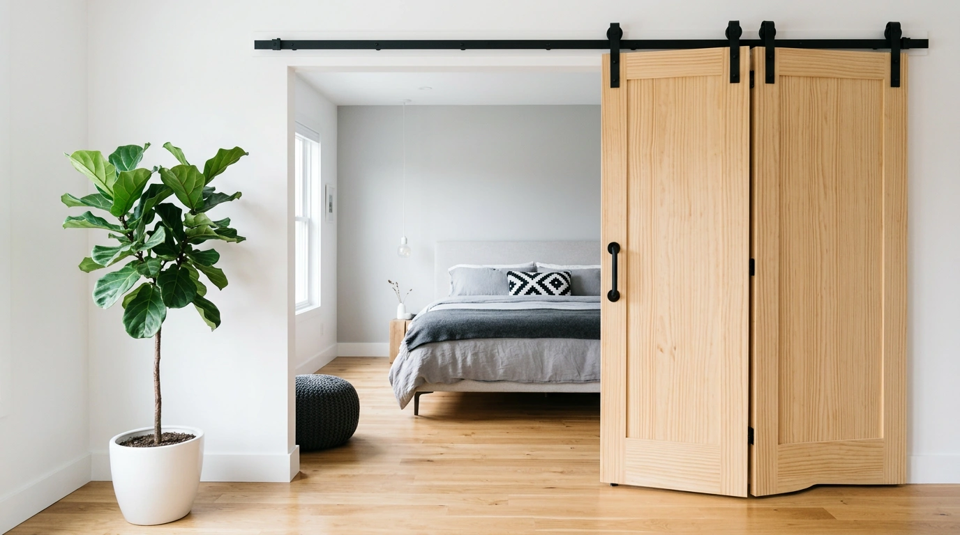 A Set of Bi-fold Barn Doors Made of Natural Light Pine Wood