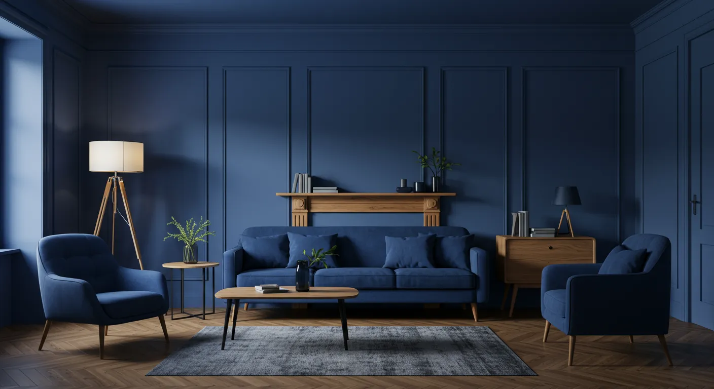Berry Blue Walls With Navy Blue Furniture, Light Wood Accents and Golden Pine Trim Berry Blue Walls With Navy Blue Furniture, Light Wood Accents and Golden Pine Trim
