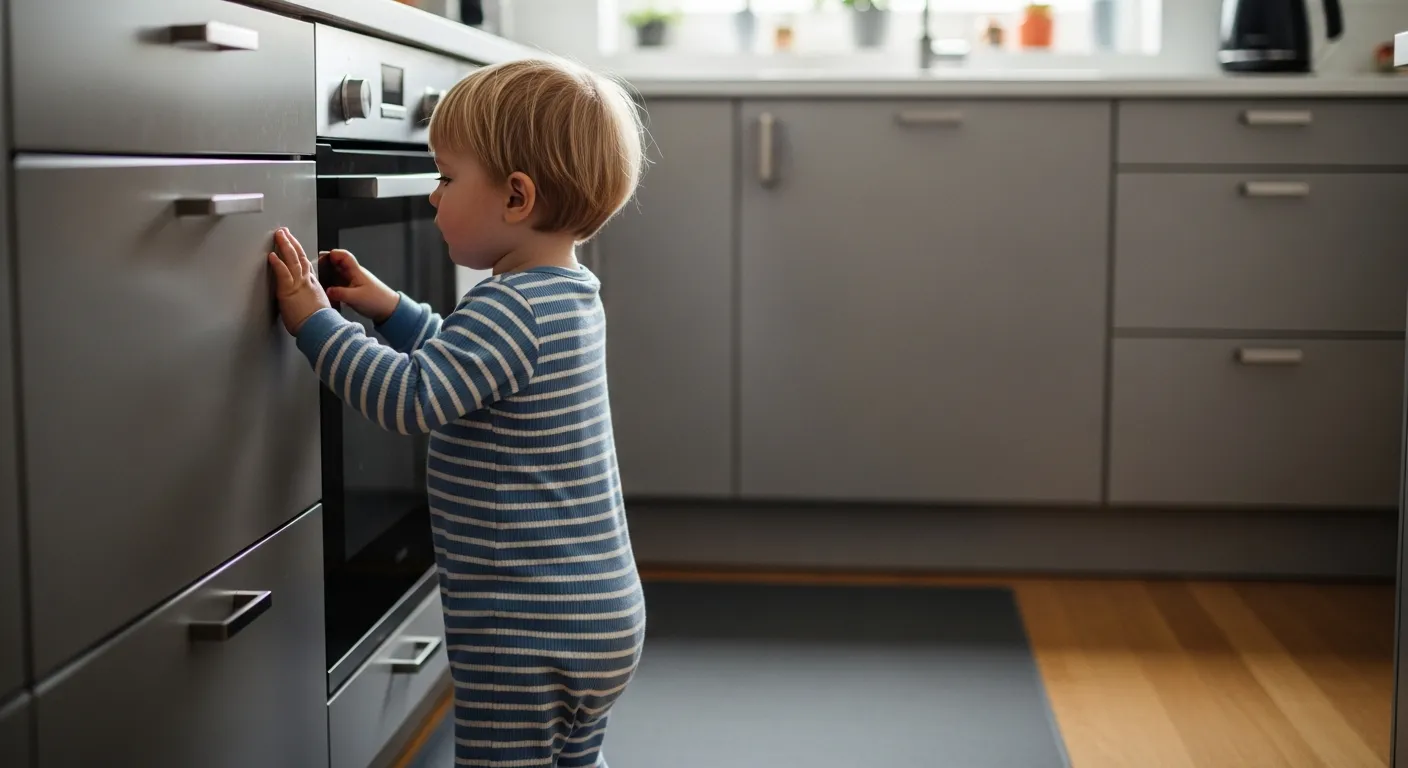 A Curious Toddler With Short Blonde Hair, Wearing a Blue and White Striped Onesie, Standing and Exploring Modern Grey Kitchen Cabinets
